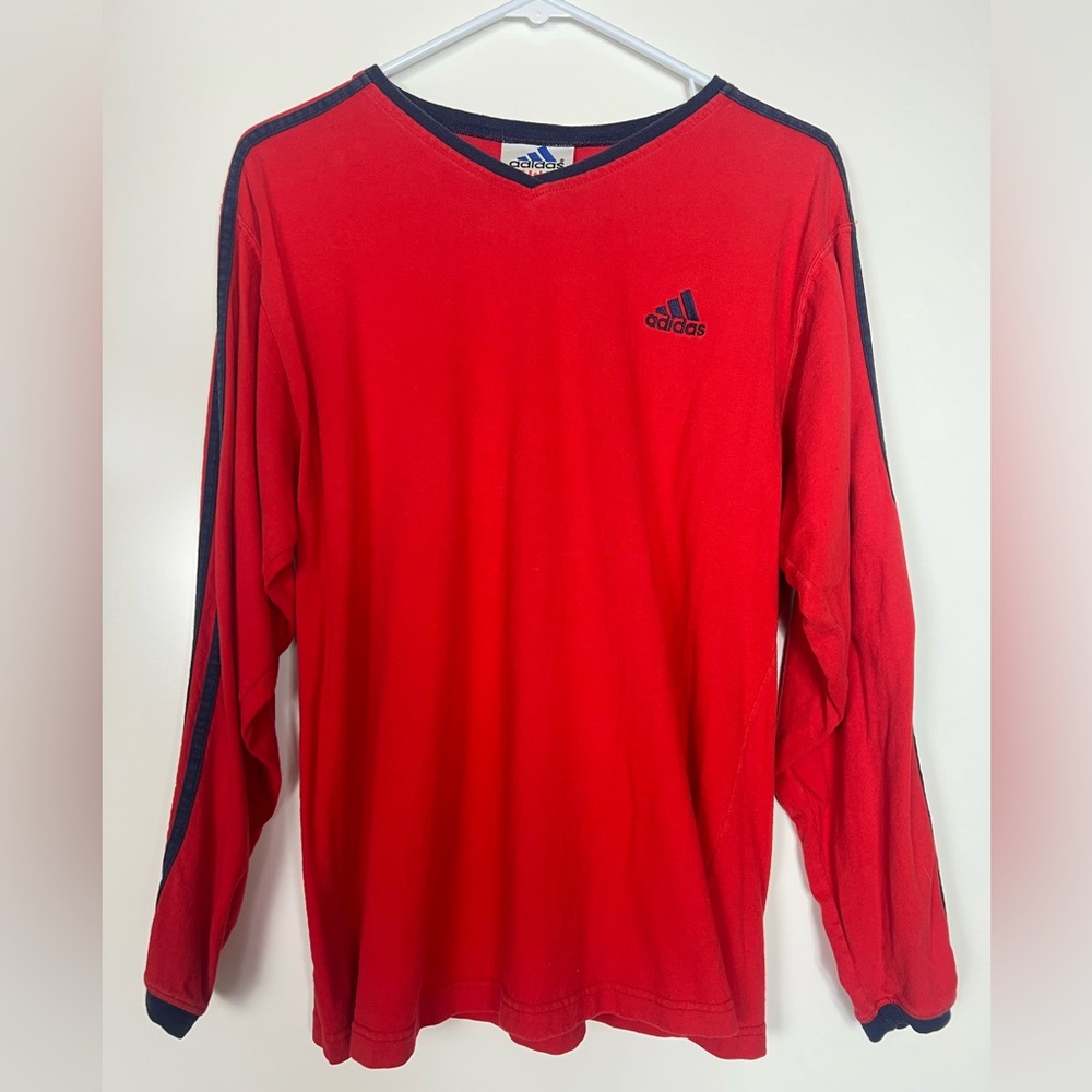 Vintage Adidas Men's Bold Red Long Sleeve Tee 100% Cotton